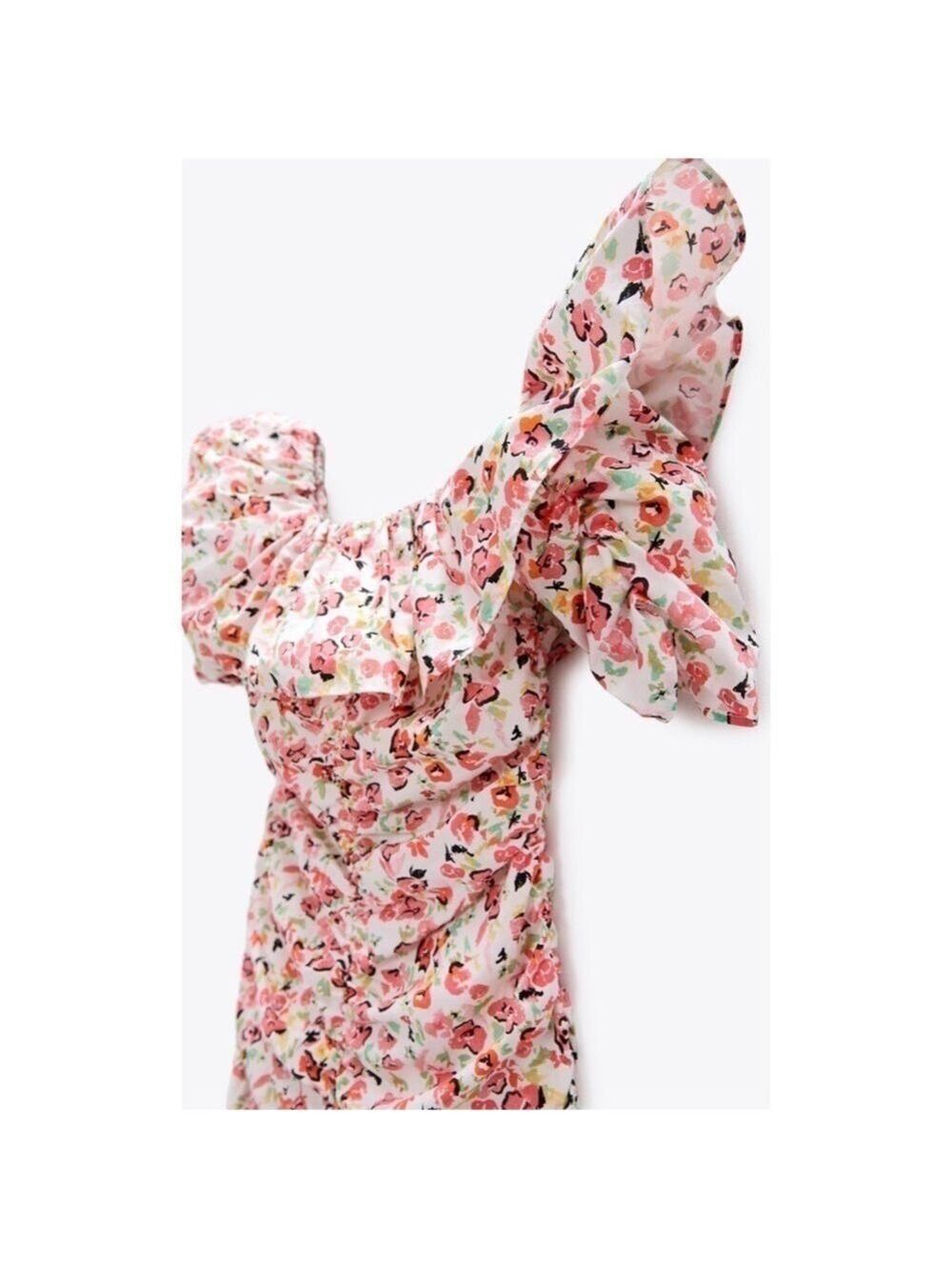 Zara Floral Ruffled Hem Ruched Mini Dress - Picture 4 of 12